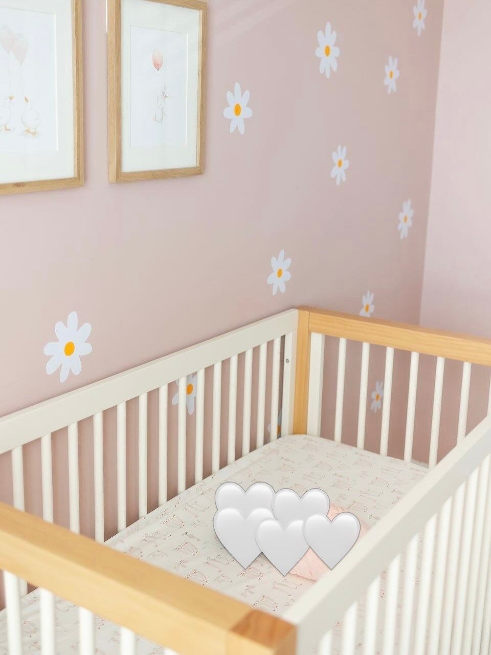 Soothing baby girls nursery with muted pink paint color and daisy decal accent wall designed by Pragya Saikia in South Riding, Virginia