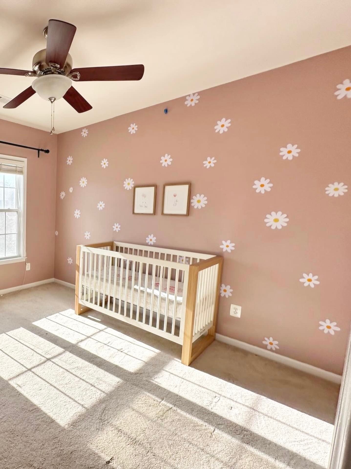 Soothing baby girls nursery with muted pink paint color and daisy decal accent wall designed by Pragya Saikia in South Riding, Virginia
