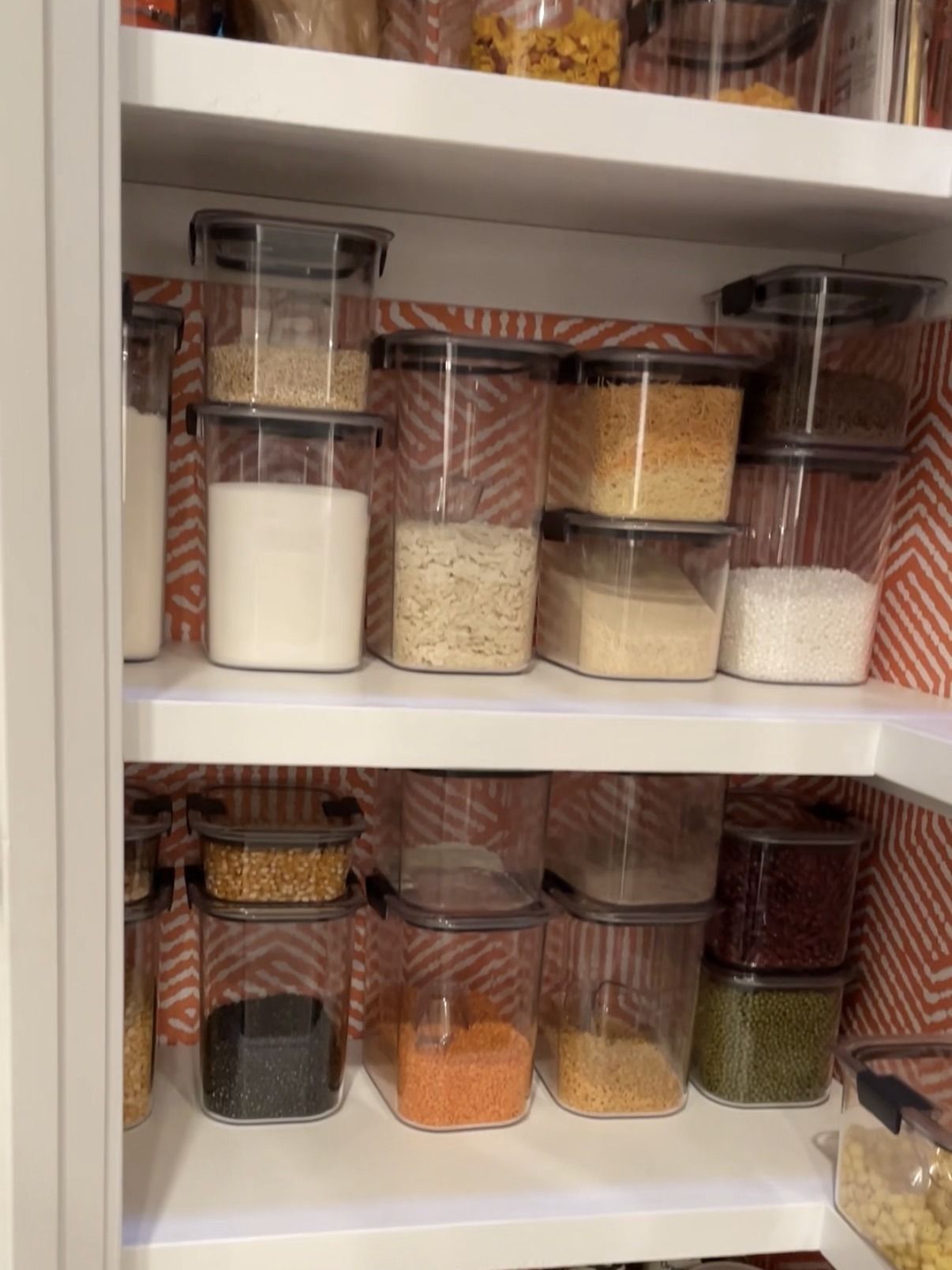 Small pantry remodel designed with colorful wallpaper and white shelves by Pragya Saikia Design in Reston, Virginia